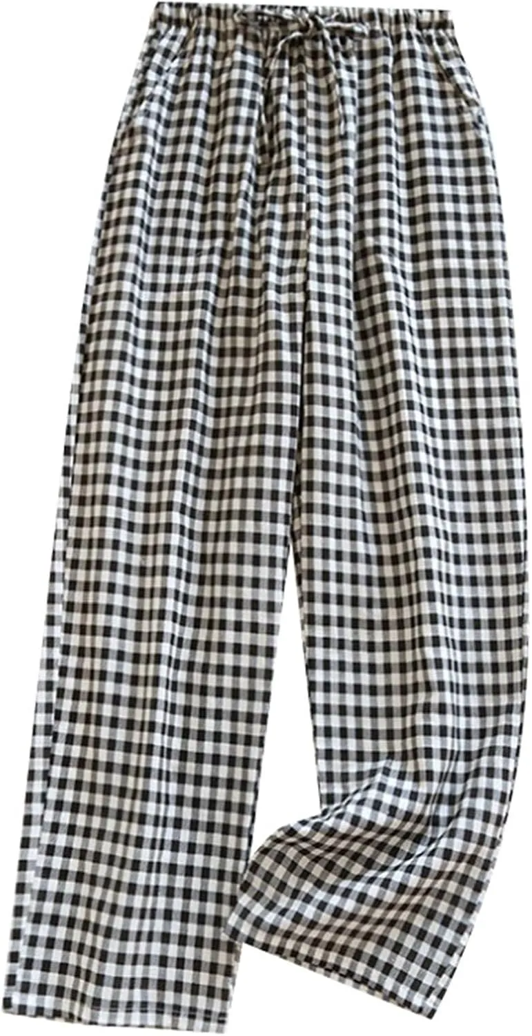 Women Y2K Plaid Pants Summer Casual Drawstring High Waist Straight Leg Trousers Gingham Lounge Pants Streetwear with Pockets