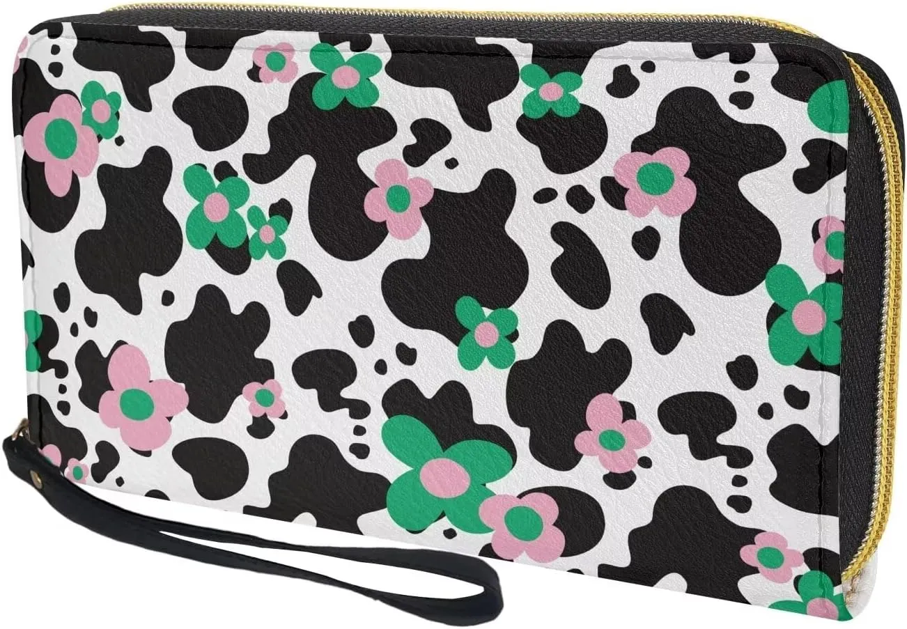 Women Zip Around Wallet Wristlet Waterproof Durable Long Coin,Cash,Card Pocket Large Capacity Travel Shopping Business Money Clutch Purse with Black White Cow Print Groovy Flower Pattern