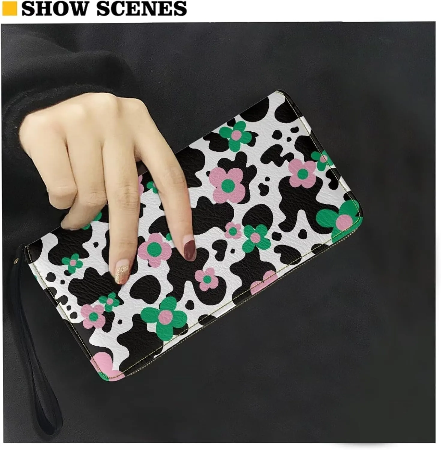 Women Zip Around Wallet Wristlet Waterproof Durable Long Coin,Cash,Card Pocket Large Capacity Travel Shopping Business Money Clutch Purse with Black White Cow Print Groovy Flower Pattern