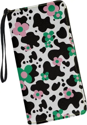 Women Zip Around Wallet Wristlet Waterproof Durable Long Coin,Cash,Card Pocket Large Capacity Travel Shopping Business Money Clutch Purse with Black White Cow Print Groovy Flower Pattern