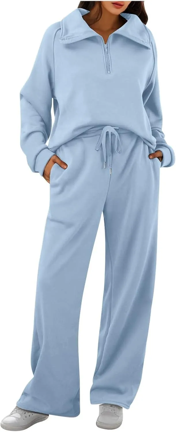 Womens 2 Piece Outfits Lounge Half Zip Hoodie Sweatsuit Sets Oversized Sweatshirt Baggy Fall Fashion Sweatpants Blue
