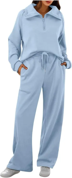 Womens 2 Piece Outfits Lounge Half Zip Hoodie Sweatsuit Sets Oversized Sweatshirt Baggy Fall Fashion Sweatpants Blue