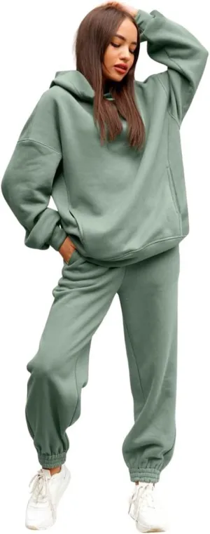 Womens 2 Piece Outfits Lounge Half Zip Hoodie Sweatsuit Sets Oversized Sweatshirt Baggy Fall Fashion Sweatpants C-Green