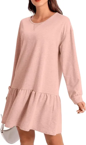 Womens 2025 Fall Long Sleeve Pullover Tops Crewneck Rib Knit Patchwork Sweatshirt Dress Ruffle Mini Dresses