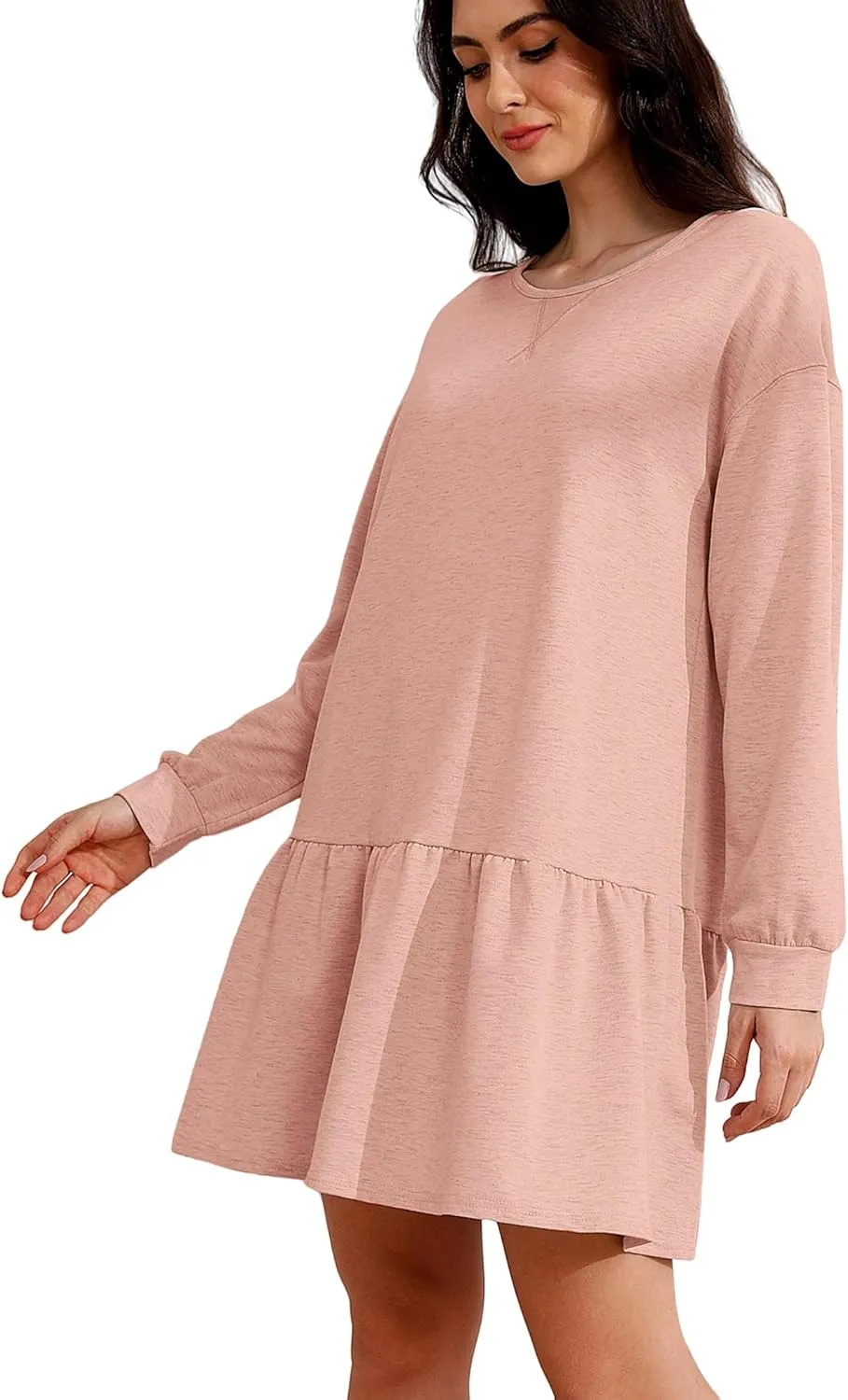 Womens 2025 Fall Long Sleeve Pullover Tops Crewneck Rib Knit Patchwork Sweatshirt Dress Ruffle Mini Dresses
