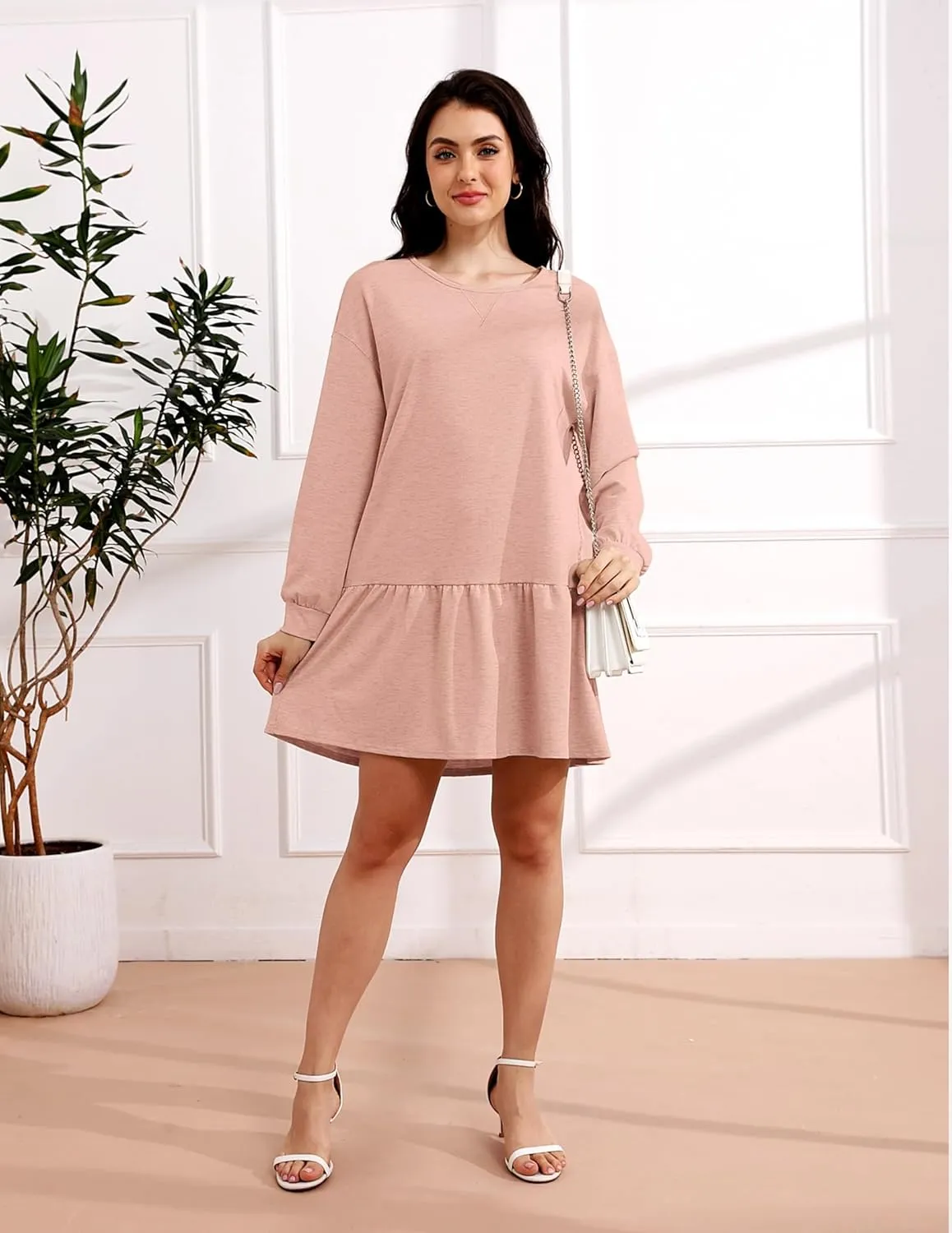 Womens 2025 Fall Long Sleeve Pullover Tops Crewneck Rib Knit Patchwork Sweatshirt Dress Ruffle Mini Dresses