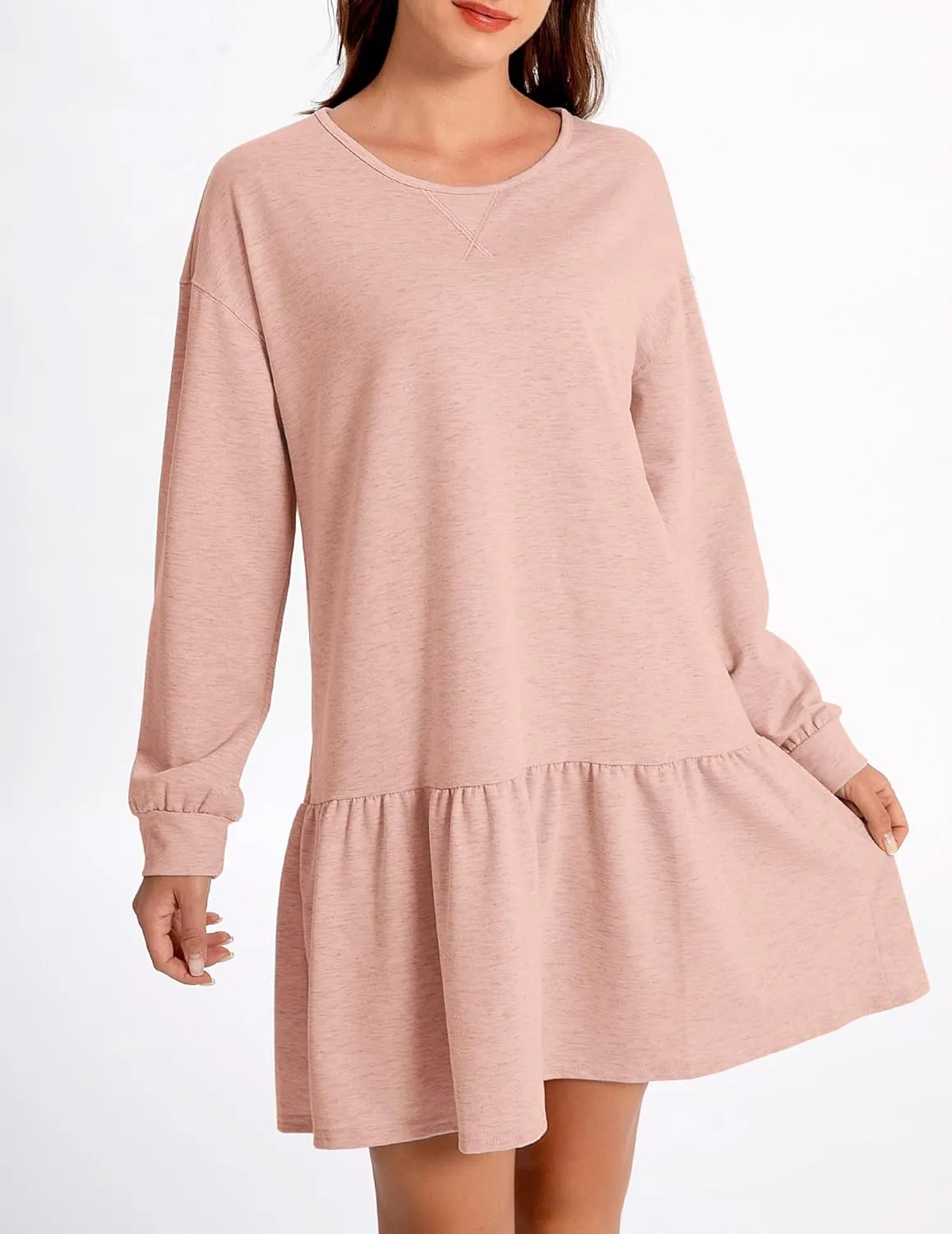 Womens 2025 Fall Long Sleeve Pullover Tops Crewneck Rib Knit Patchwork Sweatshirt Dress Ruffle Mini Dresses