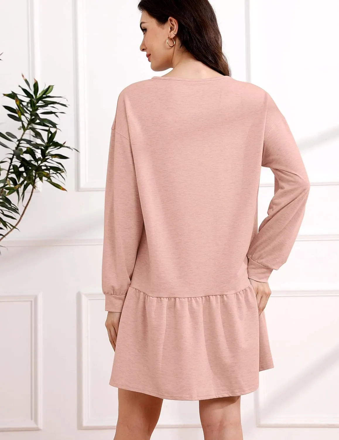 Womens 2025 Fall Long Sleeve Pullover Tops Crewneck Rib Knit Patchwork Sweatshirt Dress Ruffle Mini Dresses