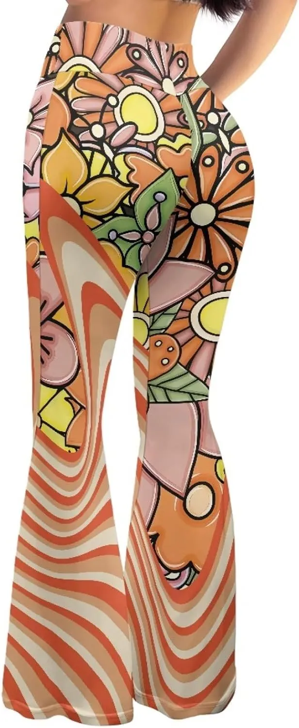 Women's 70S Yoga Pants Flare Ladies Hippie Flower Flared Leggings Athletic Leggings High Waisted Workout Pants