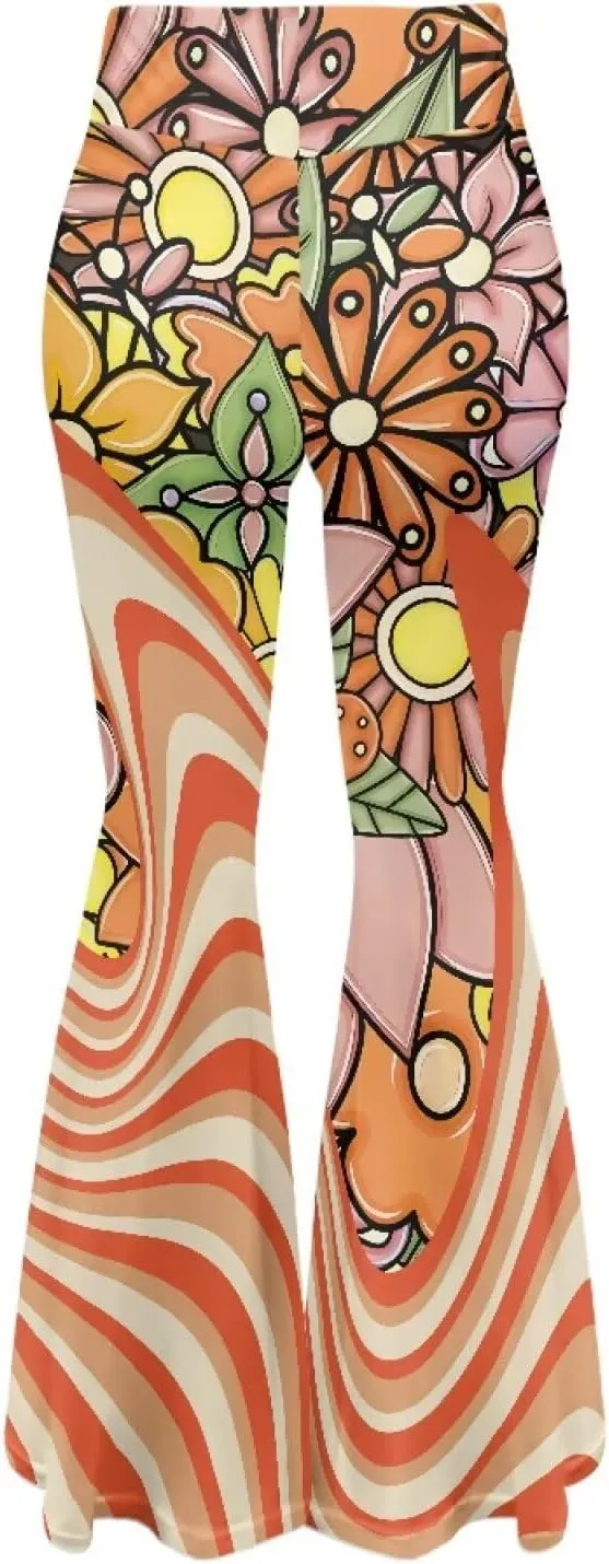 Women's 70S Yoga Pants Flare Ladies Hippie Flower Flared Leggings Athletic Leggings High Waisted Workout Pants