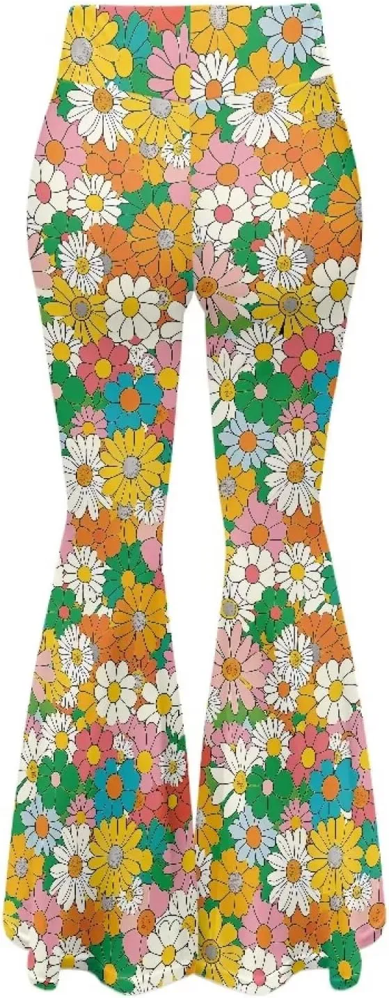 Women's 70S Yoga Pants Flare Ladies Hippie Flower Flared Leggings Athletic Leggings High Waisted Workout Pants