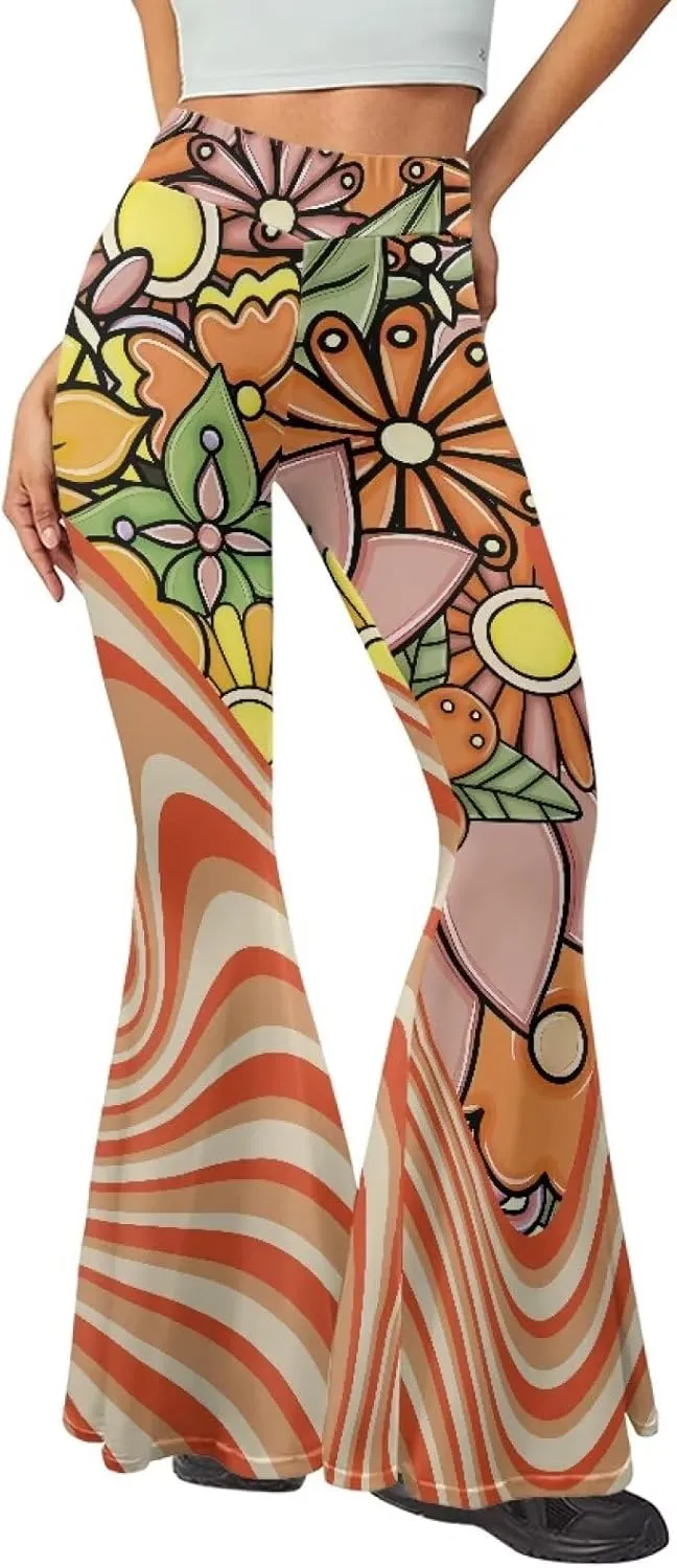 Women's 70S Yoga Pants Flare Ladies Hippie Flower Flared Leggings Athletic Leggings High Waisted Workout Pants