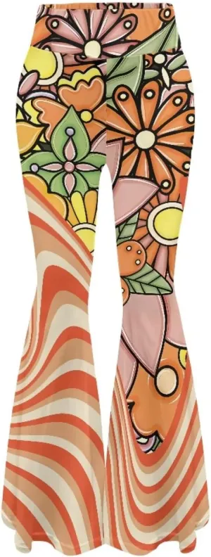 Women's 70S Yoga Pants Flare Ladies Hippie Flower Flared Leggings Athletic Leggings High Waisted Workout Pants