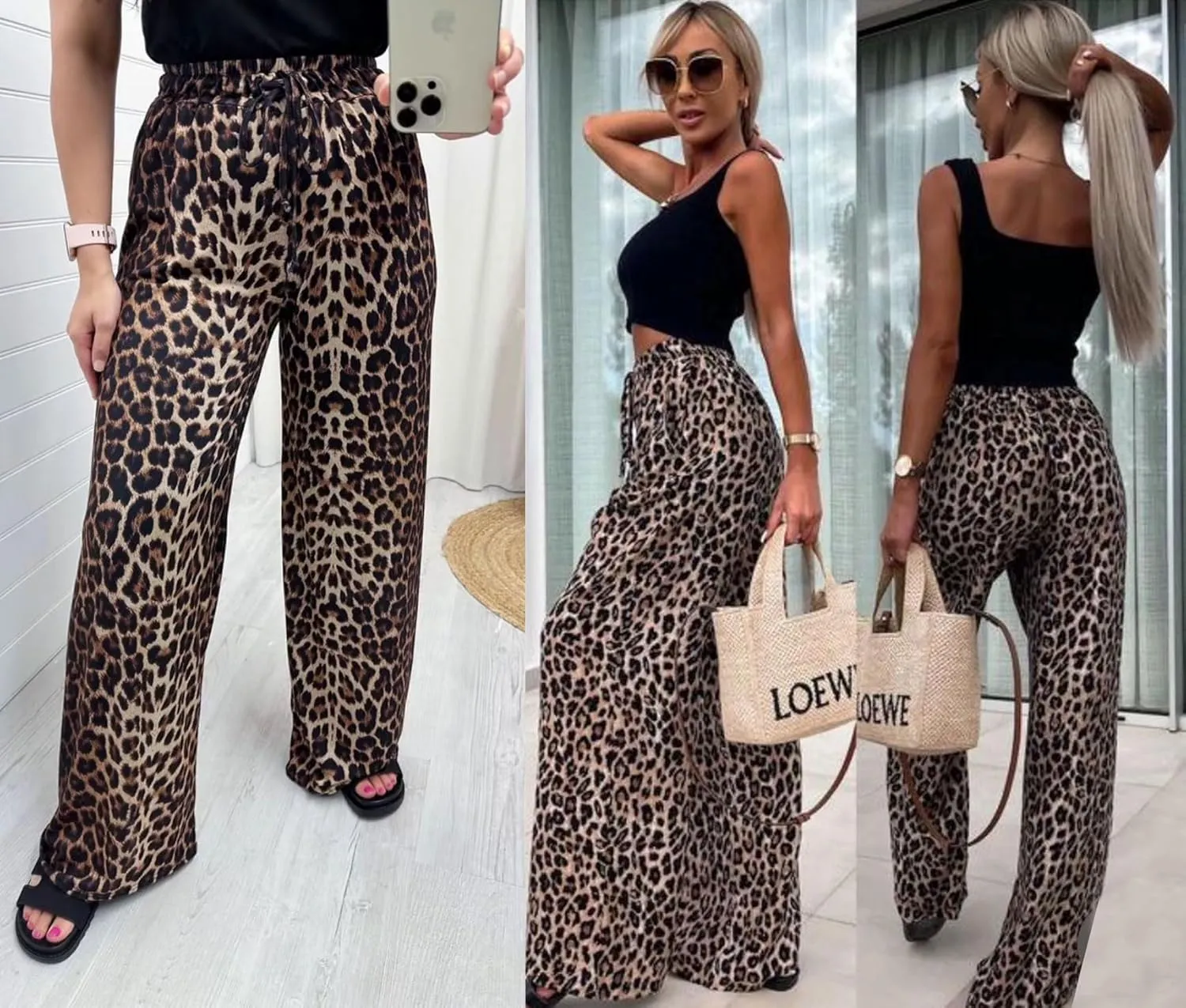 Womens Animal Leopard Print Bottom Pants Ladies Elastic High Waist Trouser with Pockets