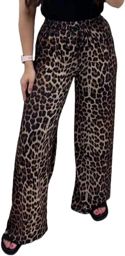 Womens Animal Leopard Print Bottom Pants Ladies Elastic High Waist Trouser with Pockets