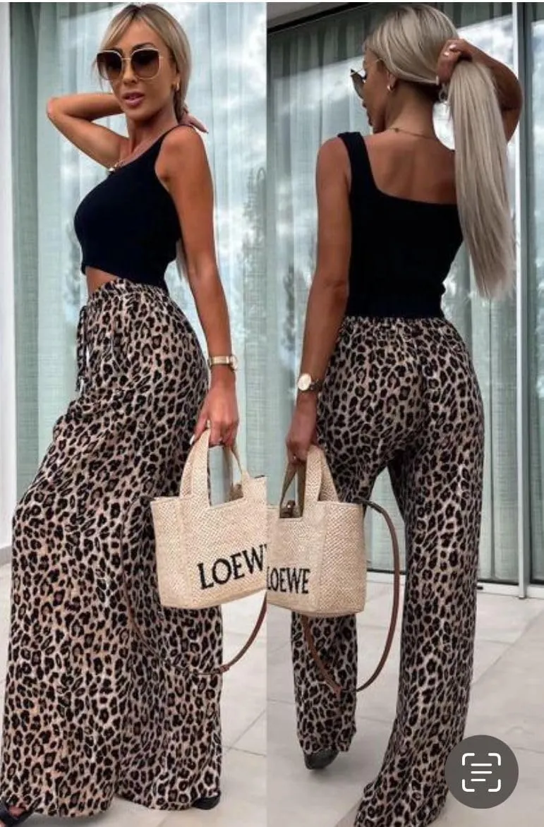 Womens Animal Leopard Print Bottom Pants Ladies Elastic High Waist Trouser with Pockets