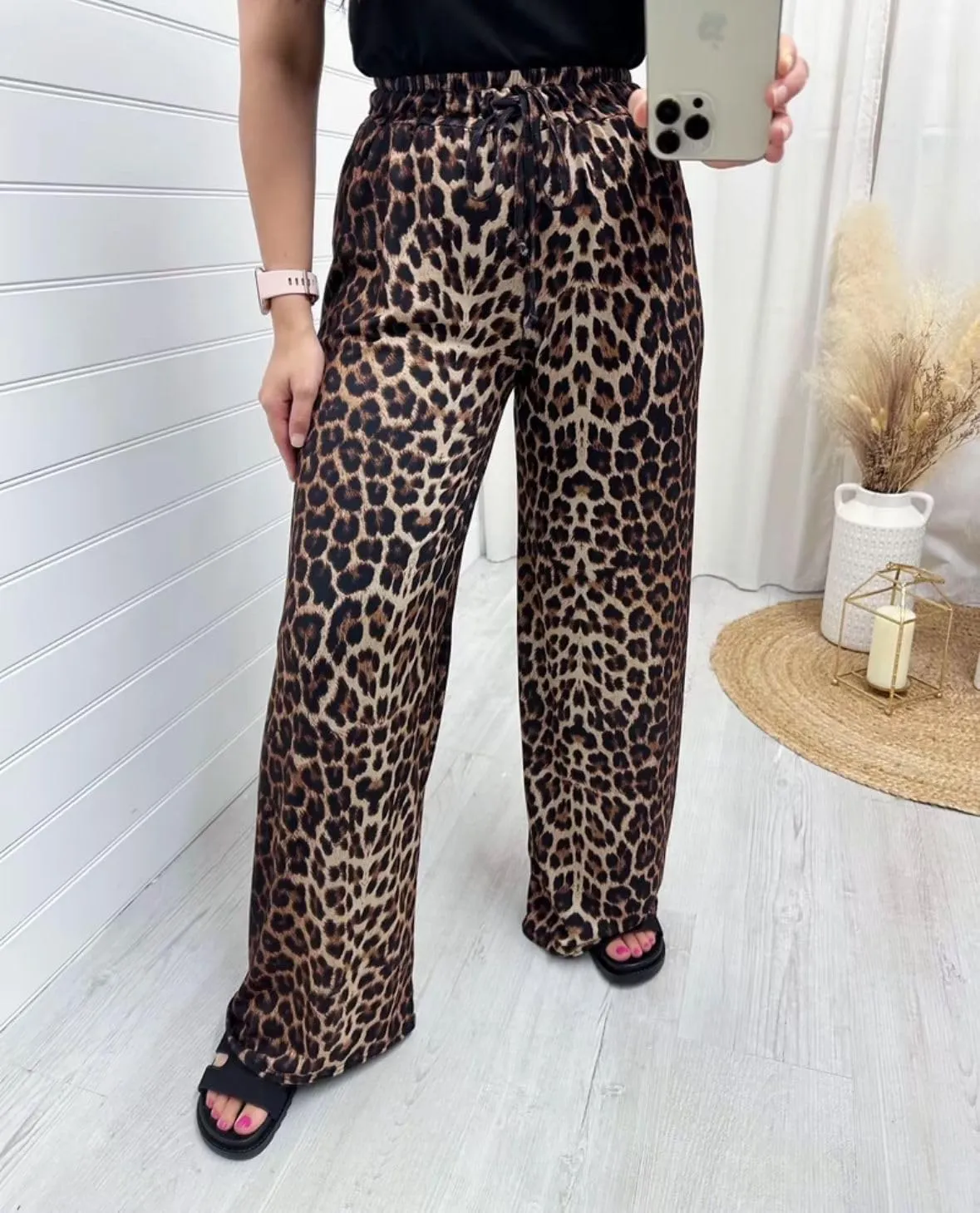 Womens Animal Leopard Print Bottom Pants Ladies Elastic High Waist Trouser with Pockets