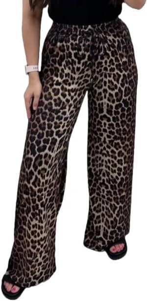 Womens Animal Leopard Print Bottom Pants Ladies Elastic High Waist Trouser with Pockets