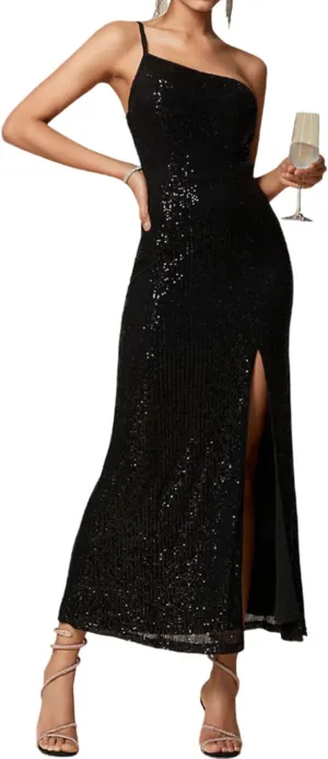 Women's Black Sequins Prom Formal Summer Maxi Dresses 2025 Sleeveless One Shoulder Wedding Cocktail Party Graduation Dress