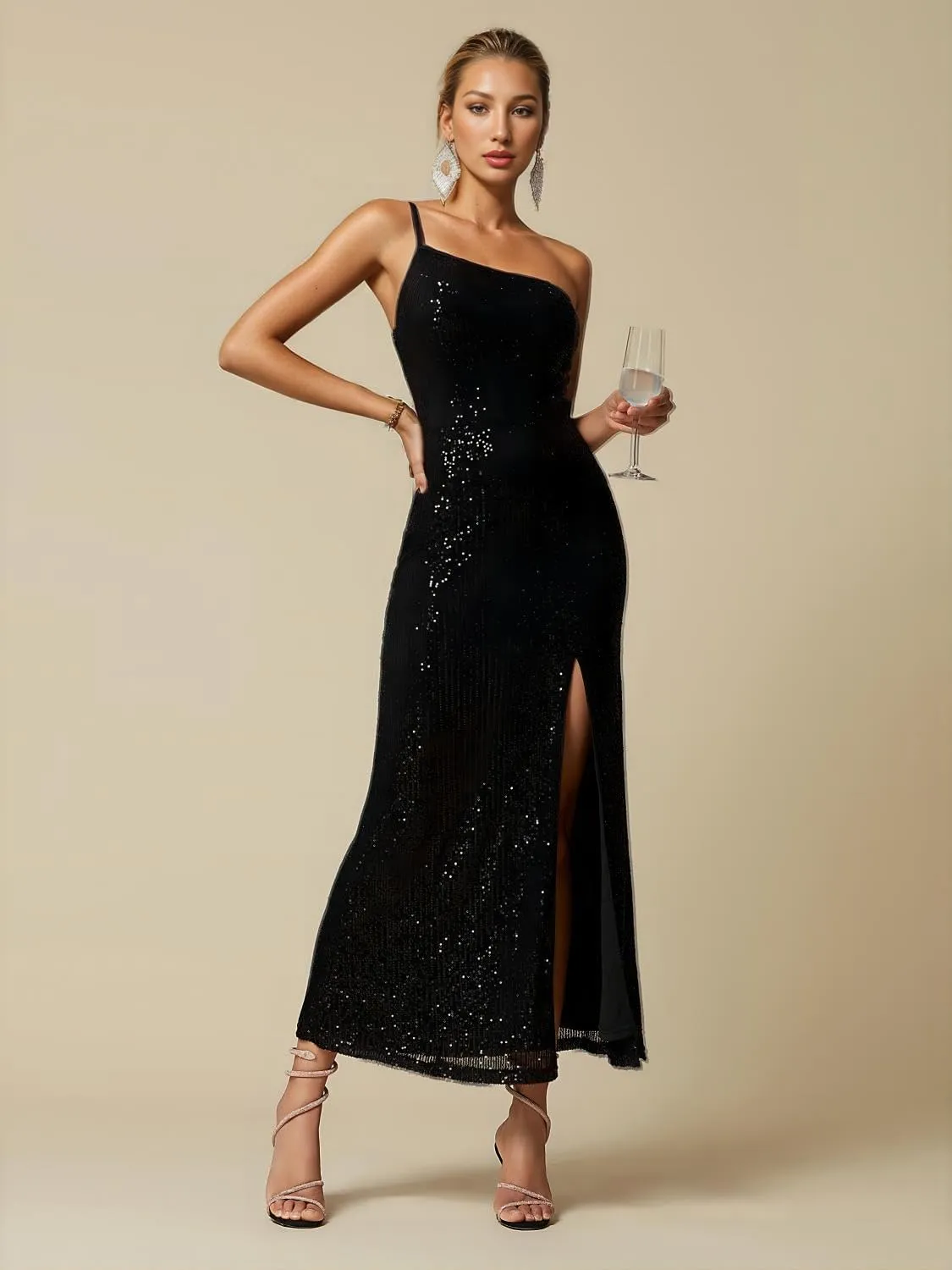 Women's Black Sequins Prom Formal Summer Maxi Dresses 2025 Sleeveless One Shoulder Wedding Cocktail Party Graduation Dress