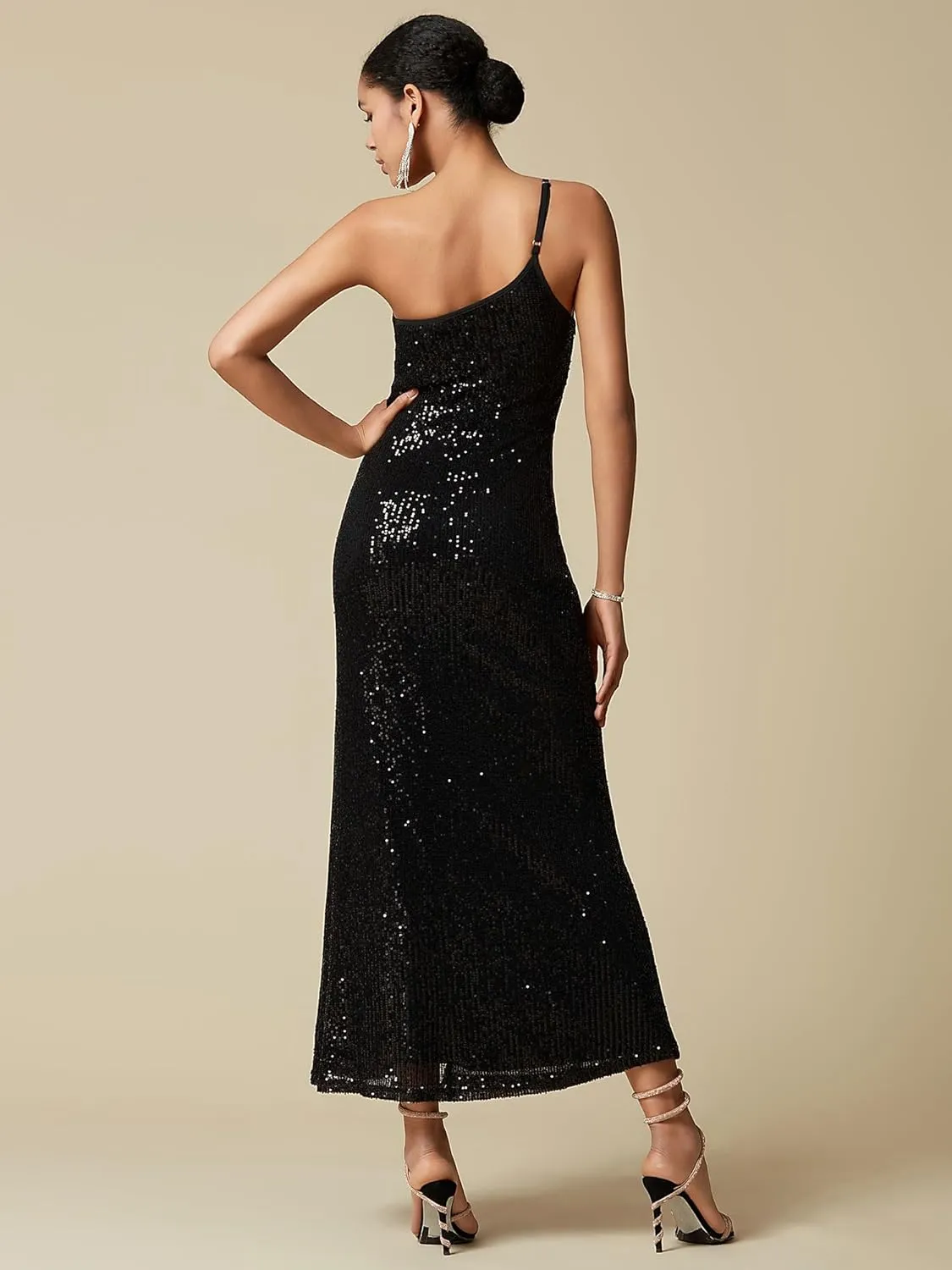 Women's Black Sequins Prom Formal Summer Maxi Dresses 2025 Sleeveless One Shoulder Wedding Cocktail Party Graduation Dress