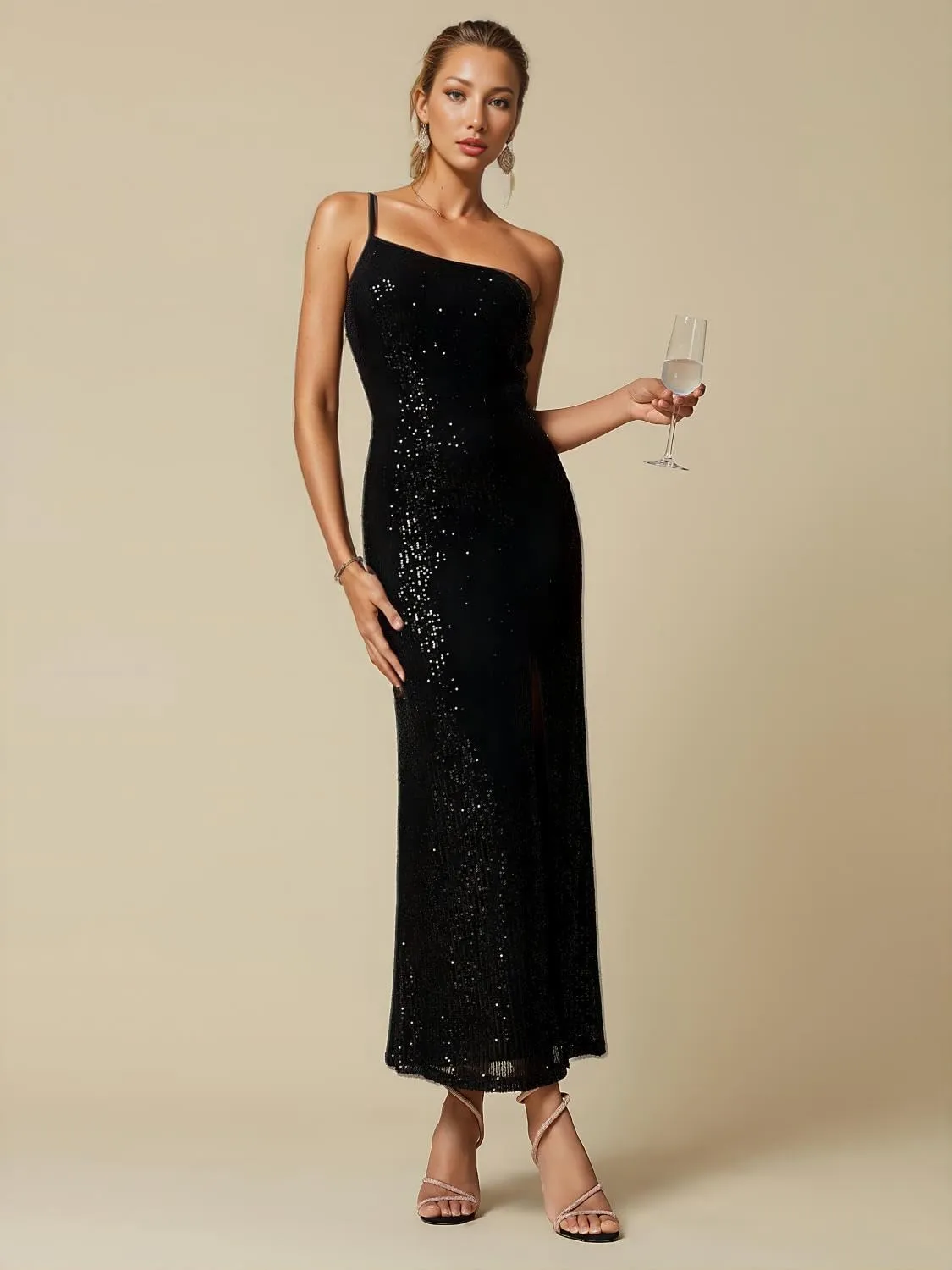Women's Black Sequins Prom Formal Summer Maxi Dresses 2025 Sleeveless One Shoulder Wedding Cocktail Party Graduation Dress