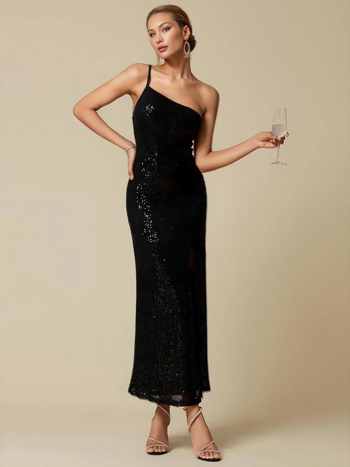 Women's Black Sequins Prom Formal Summer Maxi Dresses 2025 Sleeveless One Shoulder Wedding Cocktail Party Graduation Dress
