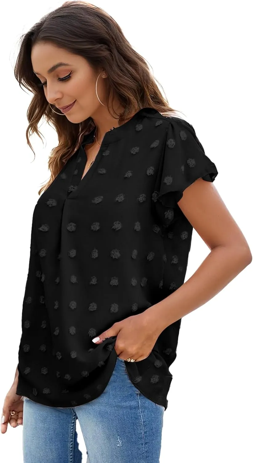 Womens Blouse V Neck Ruffle Short Sleeve Flowy Shirts Dressy Casual Cute Summer Tops Tunic Fashion Clothes