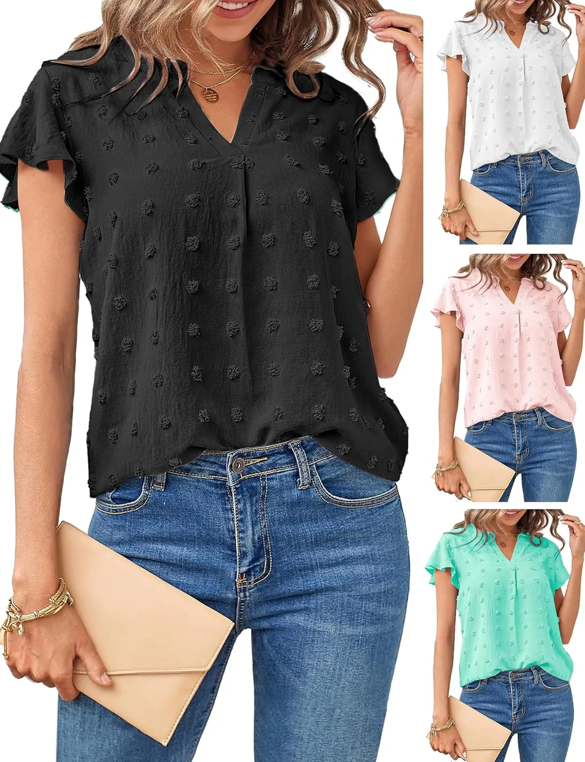 Womens Blouse V Neck Ruffle Short Sleeve Flowy Shirts Dressy Casual Cute Summer Tops Tunic Fashion Clothes