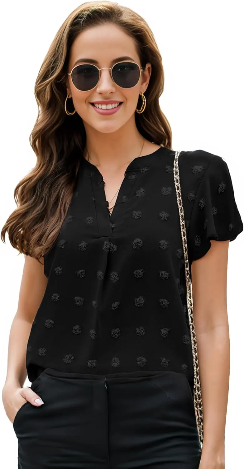 Womens Blouse V Neck Ruffle Short Sleeve Flowy Shirts Dressy Casual Cute Summer Tops Tunic Fashion Clothes