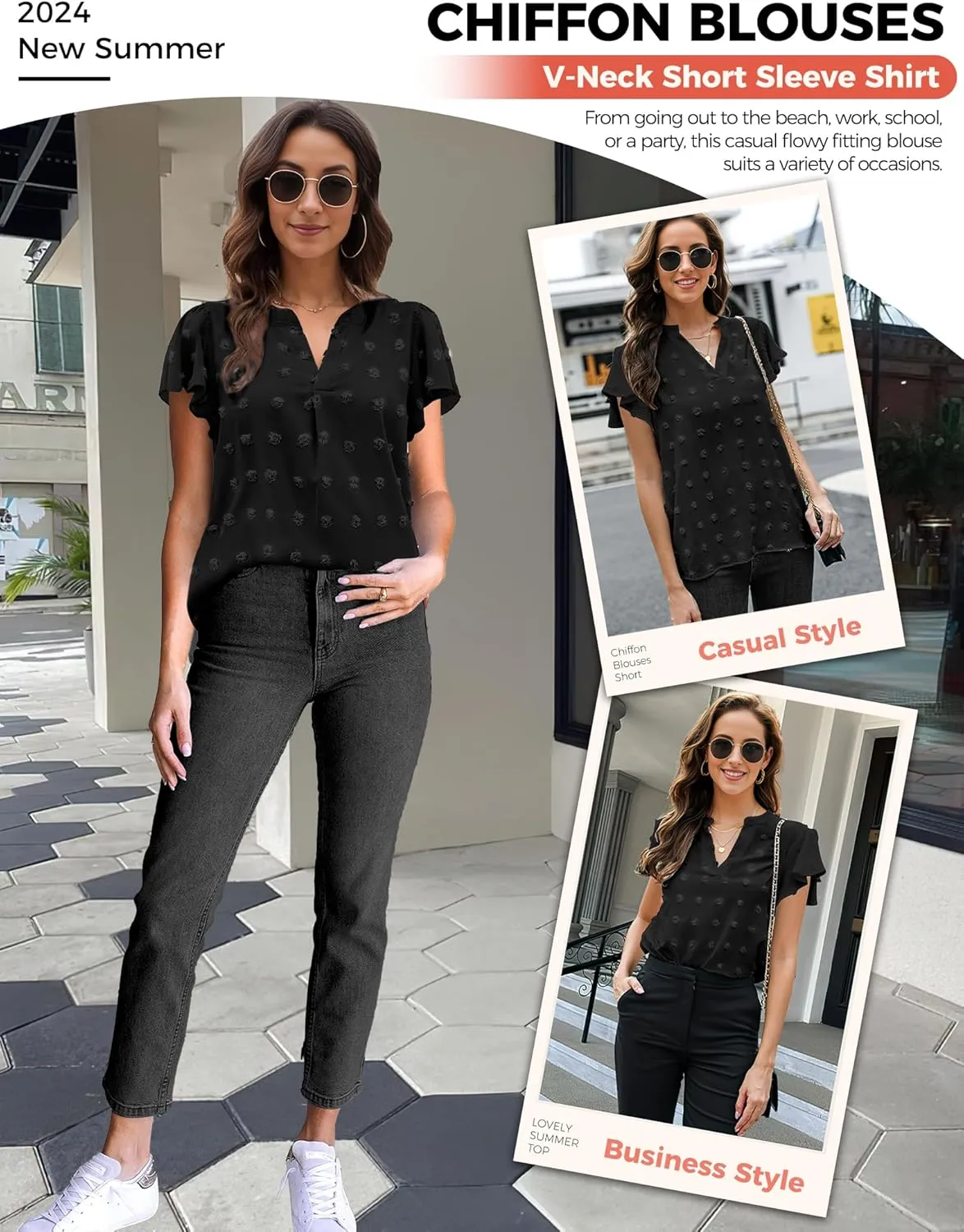 Womens Blouse V Neck Ruffle Short Sleeve Flowy Shirts Dressy Casual Cute Summer Tops Tunic Fashion Clothes
