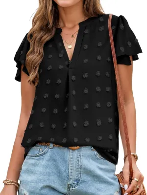 Womens Blouse V Neck Ruffle Short Sleeve Flowy Shirts Dressy Casual Cute Summer Tops Tunic Fashion Clothes