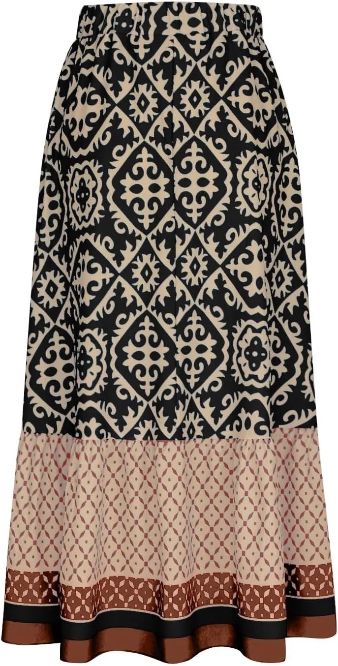 Women's Boho Elastic High Waist A Line Flared Ruffle Swing Beach Maxi Skirt Summer Beach Wrap Cover Up Long Skirt