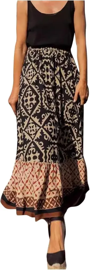 Women's Boho Elastic High Waist A Line Flared Ruffle Swing Beach Maxi Skirt Summer Beach Wrap Cover Up Long Skirt