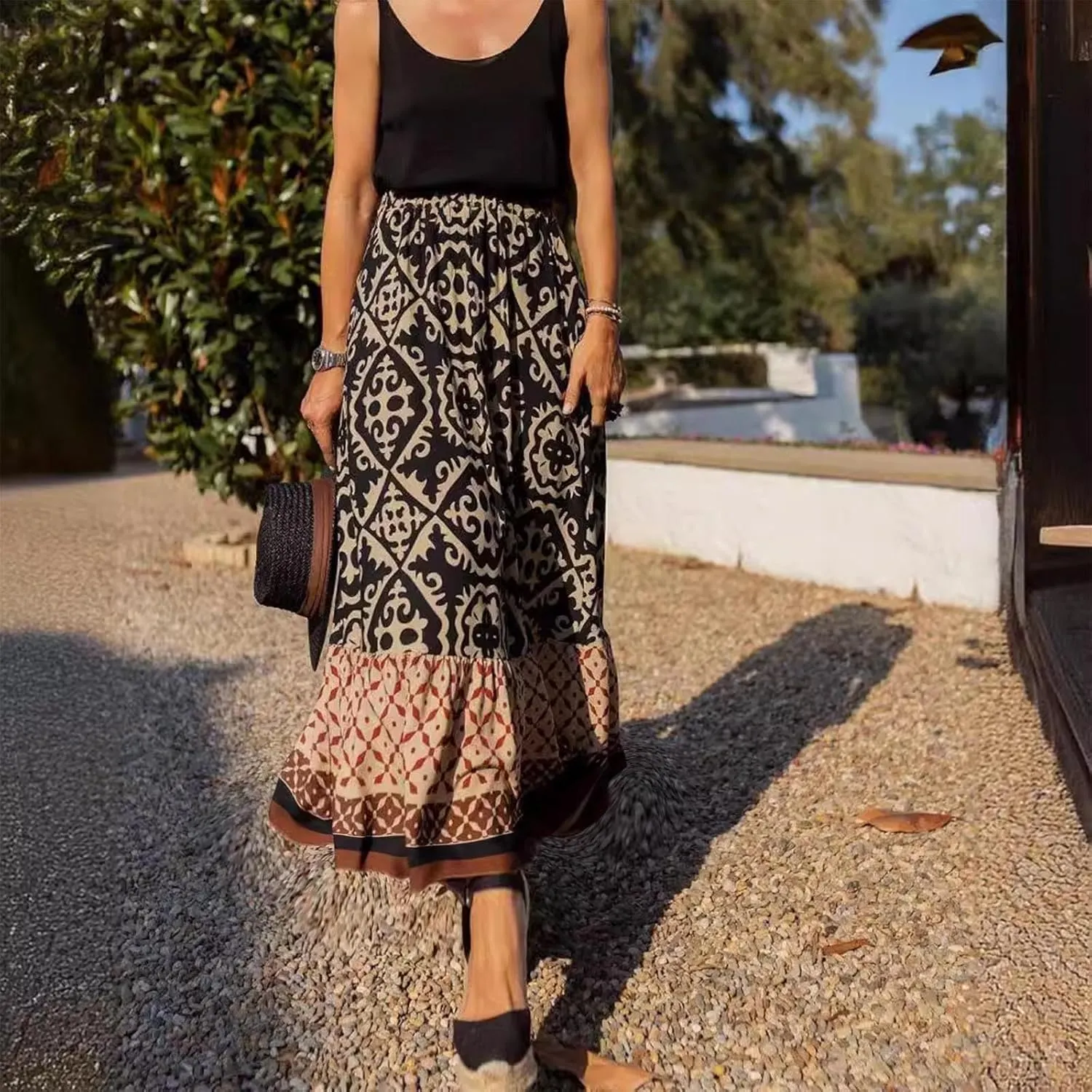 Women's Boho Elastic High Waist A Line Flared Ruffle Swing Beach Maxi Skirt Summer Beach Wrap Cover Up Long Skirt