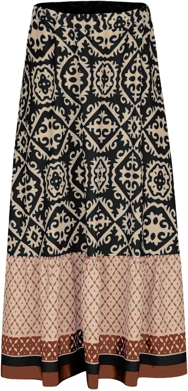 Women's Boho Elastic High Waist A Line Flared Ruffle Swing Beach Maxi Skirt Summer Beach Wrap Cover Up Long Skirt
