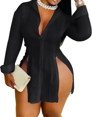 Women's Casual Dress Shirt Sexy V Neck Stand Up Collar Button Front Long Sleeve Side Split Solid Color Blouse Top