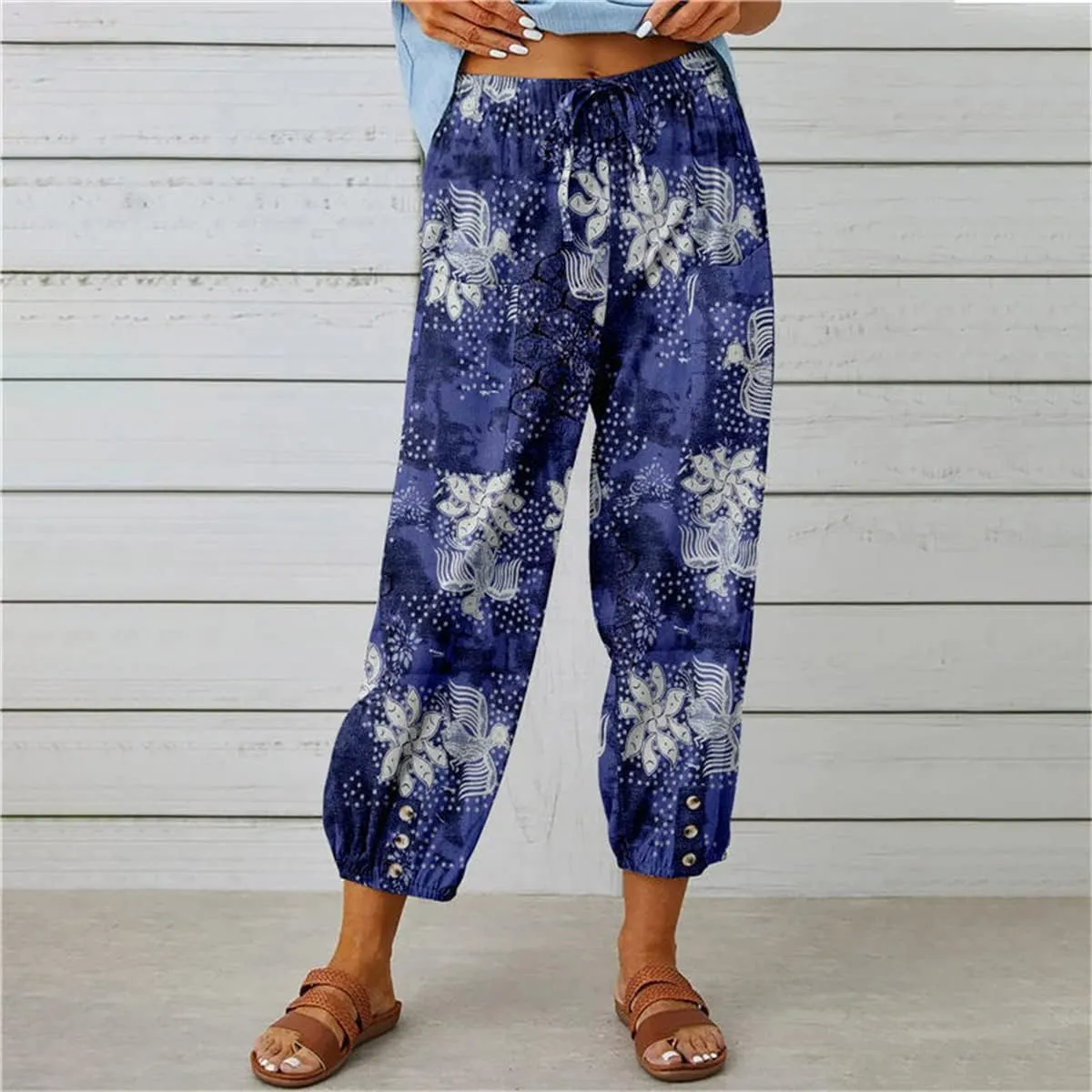 Womens Casual High Waist Boho Cotton Linen Pants Summer Floral Harem Pants Long Trousers with Pockets