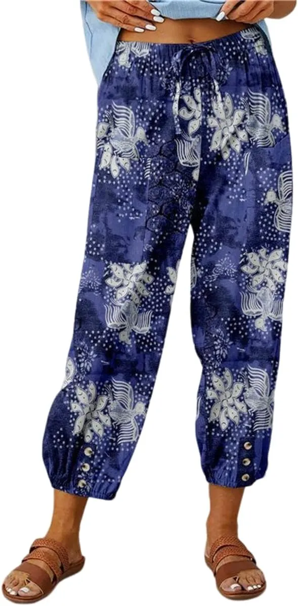 Womens Casual High Waist Boho Cotton Linen Pants Summer Floral Harem Pants Long Trousers with Pockets