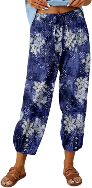 Womens Casual High Waist Boho Cotton Linen Pants Summer Floral Harem Pants Long Trousers with Pockets