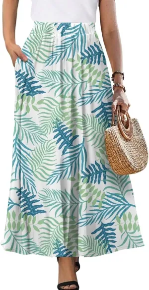 Womens Casual High Waist Skirt Elastic Ankle Length Summer Long Maxi Skirts Dress with Pockets Size S-2XL