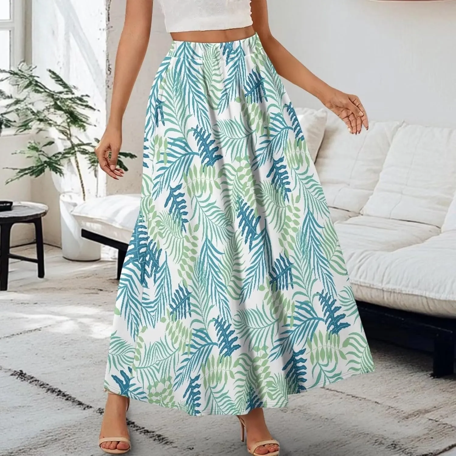 Womens Casual High Waist Skirt Elastic Ankle Length Summer Long Maxi Skirts Dress with Pockets Size S-2XL