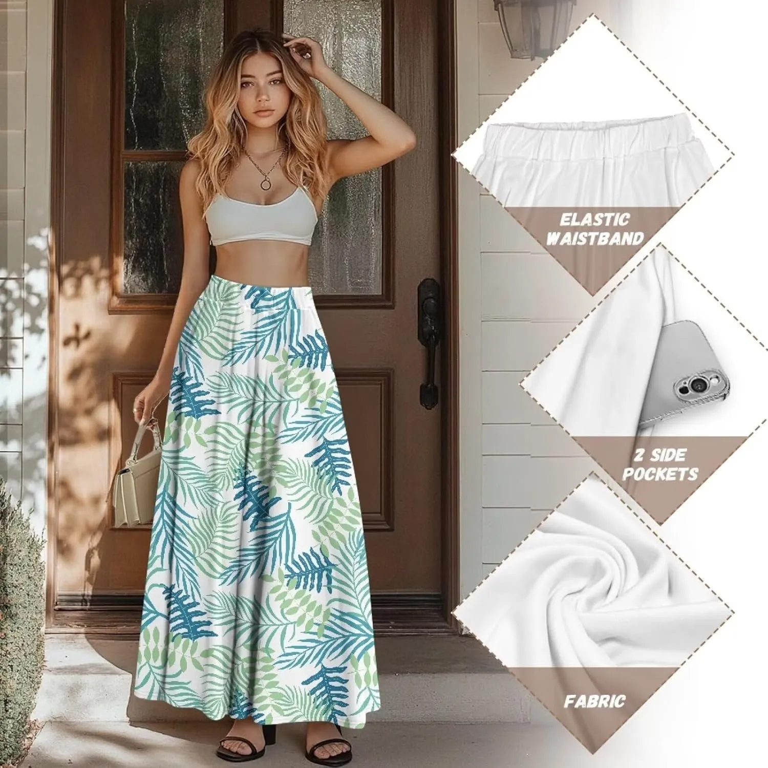 Womens Casual High Waist Skirt Elastic Ankle Length Summer Long Maxi Skirts Dress with Pockets Size S-2XL