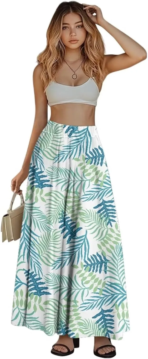 Womens Casual High Waist Skirt Elastic Ankle Length Summer Long Maxi Skirts Dress with Pockets Size S-2XL