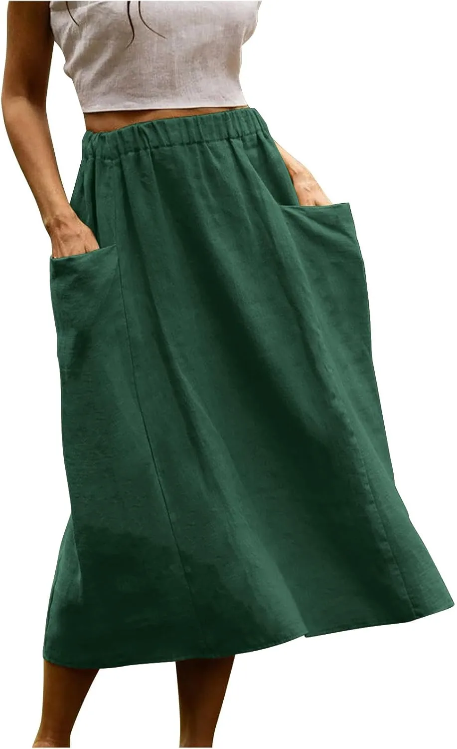 Women's Cotton Linen Midi Skirts Boho High Elastic Waist A Line Pleated Flowy Swing Long Skirts with Pockets