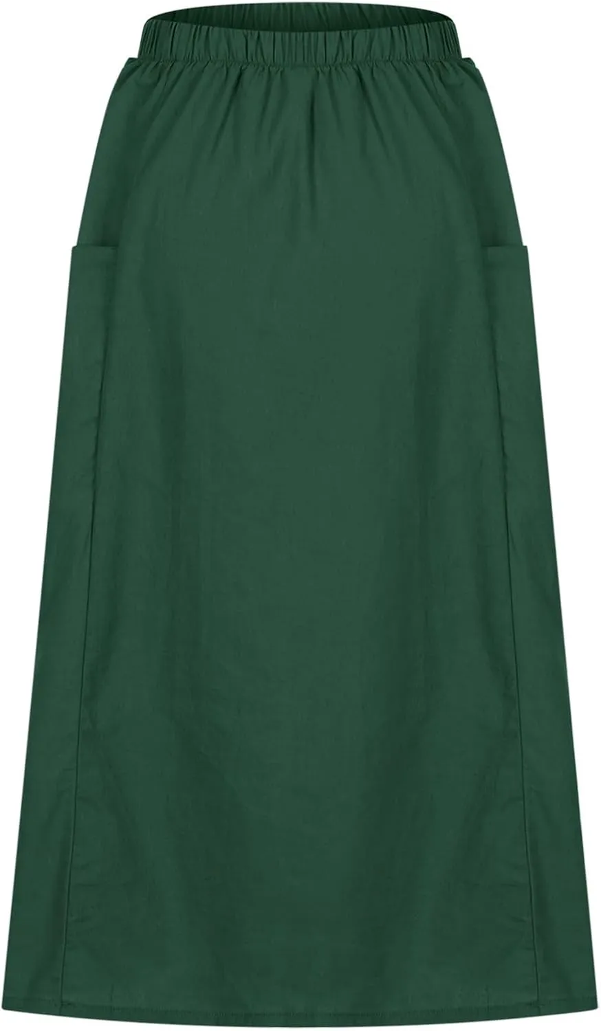 Women's Cotton Linen Midi Skirts Boho High Elastic Waist A Line Pleated Flowy Swing Long Skirts with Pockets