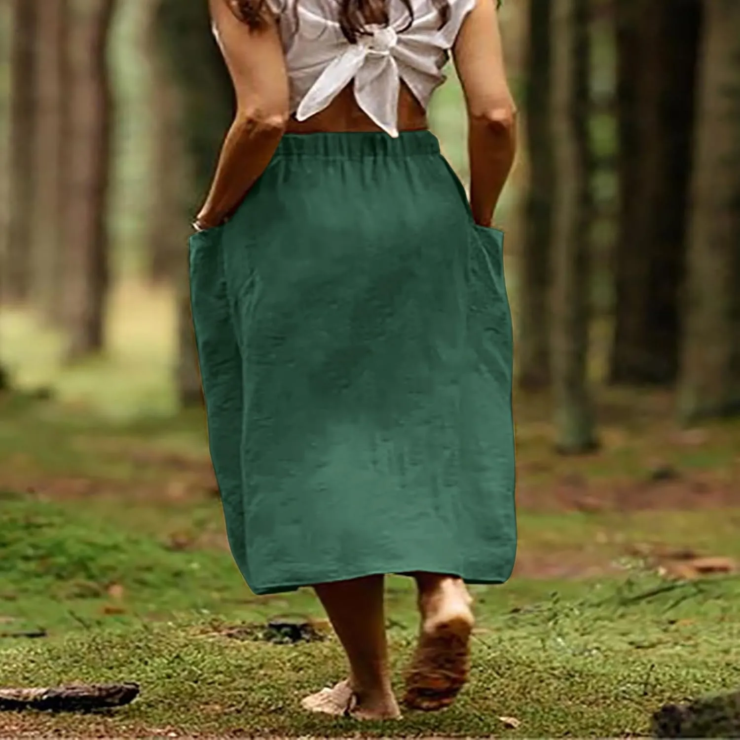 Women's Cotton Linen Midi Skirts Boho High Elastic Waist A Line Pleated Flowy Swing Long Skirts with Pockets