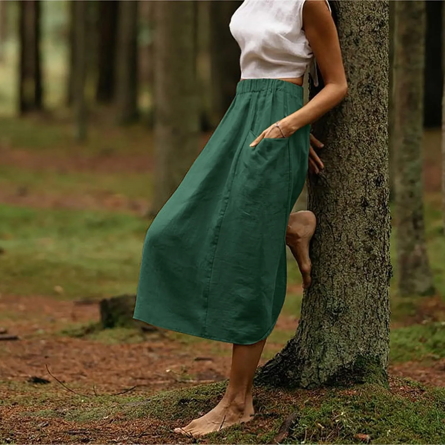 Women's Cotton Linen Midi Skirts Boho High Elastic Waist A Line Pleated Flowy Swing Long Skirts with Pockets