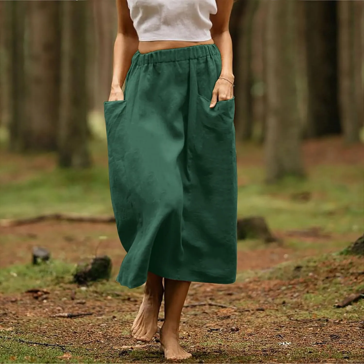 Women's Cotton Linen Midi Skirts Boho High Elastic Waist A Line Pleated Flowy Swing Long Skirts with Pockets