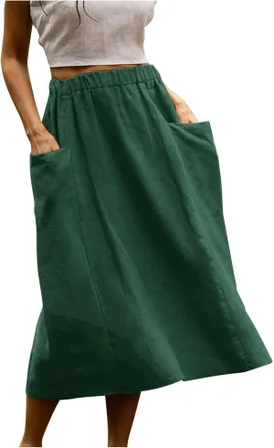 Women's Cotton Linen Midi Skirts Boho High Elastic Waist A Line Pleated Flowy Swing Long Skirts with Pockets